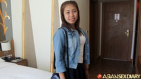 Small tits cutie Ping strips and rides cock