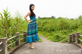 Shaved Miyuki Fukatsu stripping outdoors in wetlands